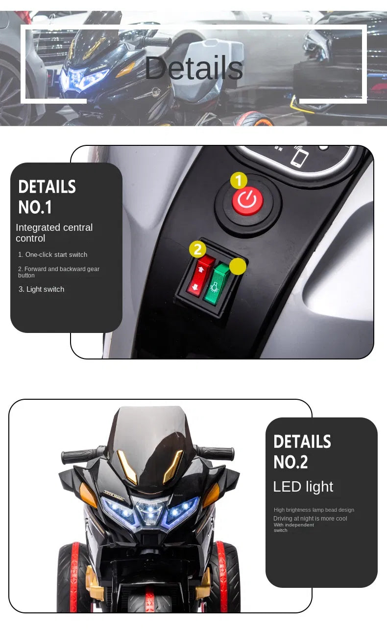 Moto Électrique pour Enfants 12V – Bluetooth, LED & Double Moteur