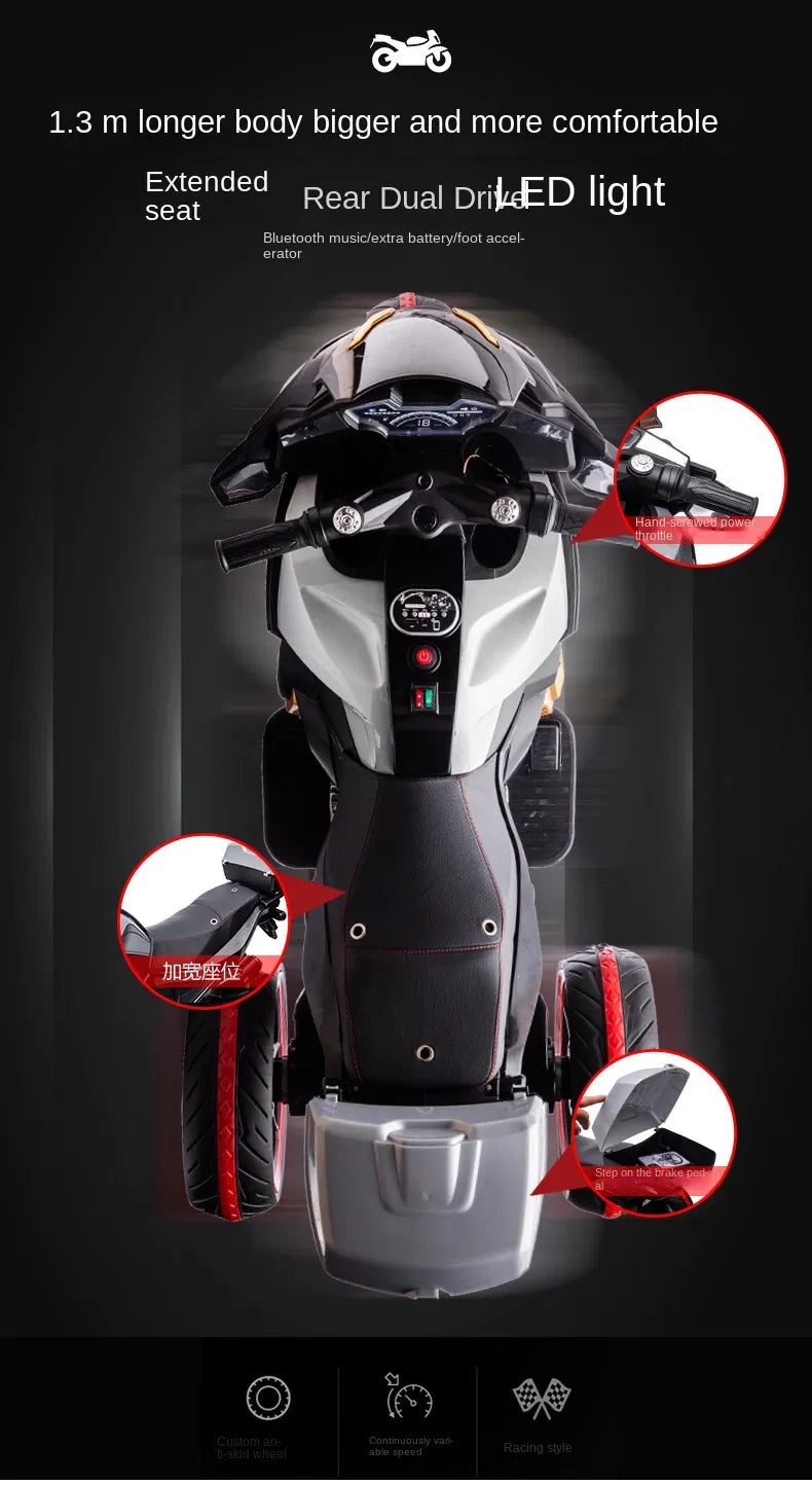 Moto Électrique pour Enfants 12V – Bluetooth, LED & Double Moteur