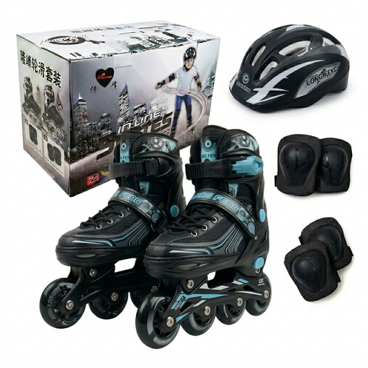 Rollers Évolutifs Noir avec détails en Bleu + Kit de Protection Complet