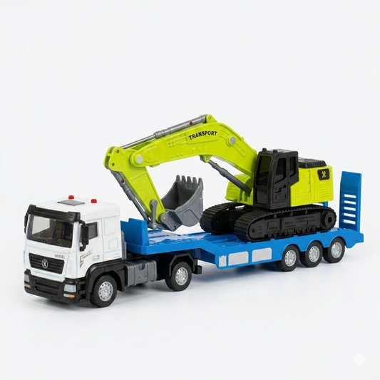 Camion Plateau Blanc + Pelleteuse Verte – Alliage 1:32