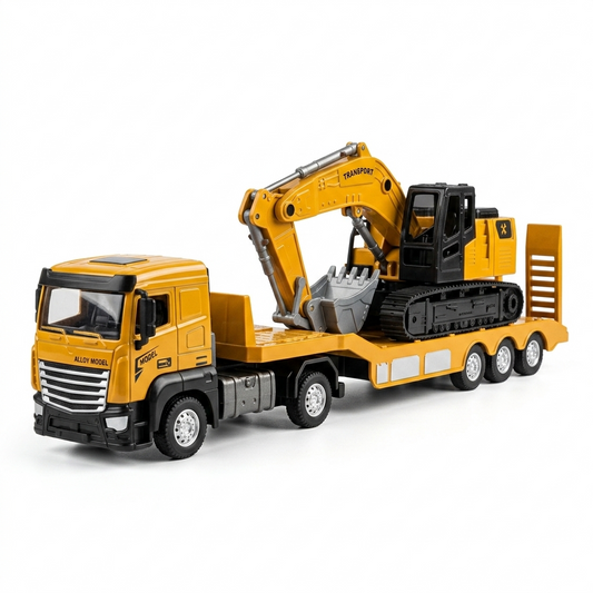 Camion Plateau + Pelleteuse Jaune – Alliage 1:32
