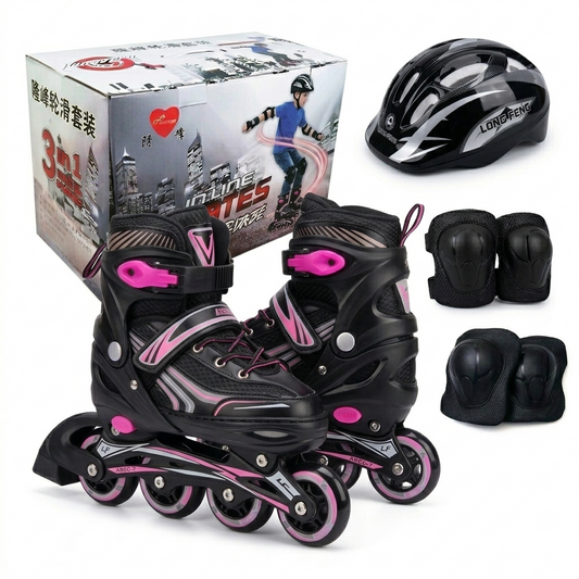 Rollers Évolutifs Noir avec détails en Rose + Kit de Protection Complet