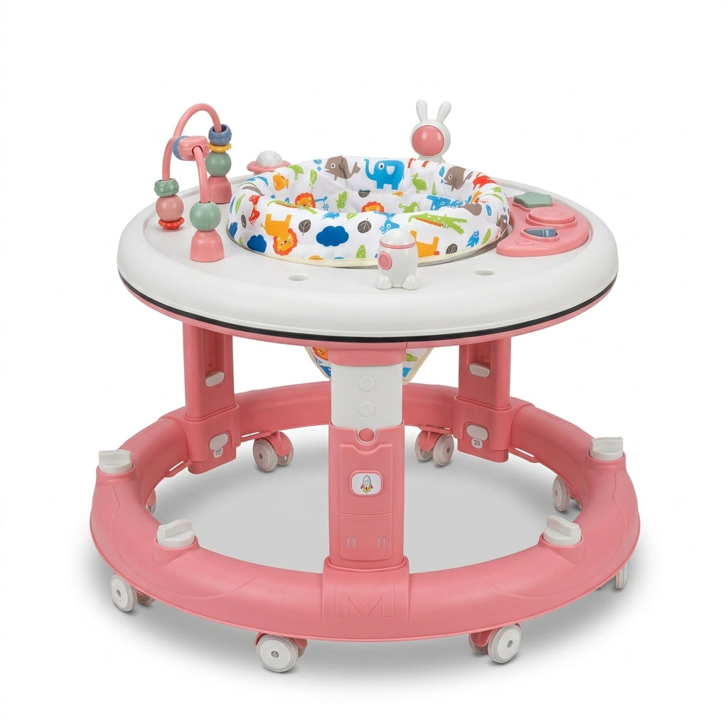 Trotteur Bébé Rond avec Plateau d'Activités et Jouets d'Éveil – Rose