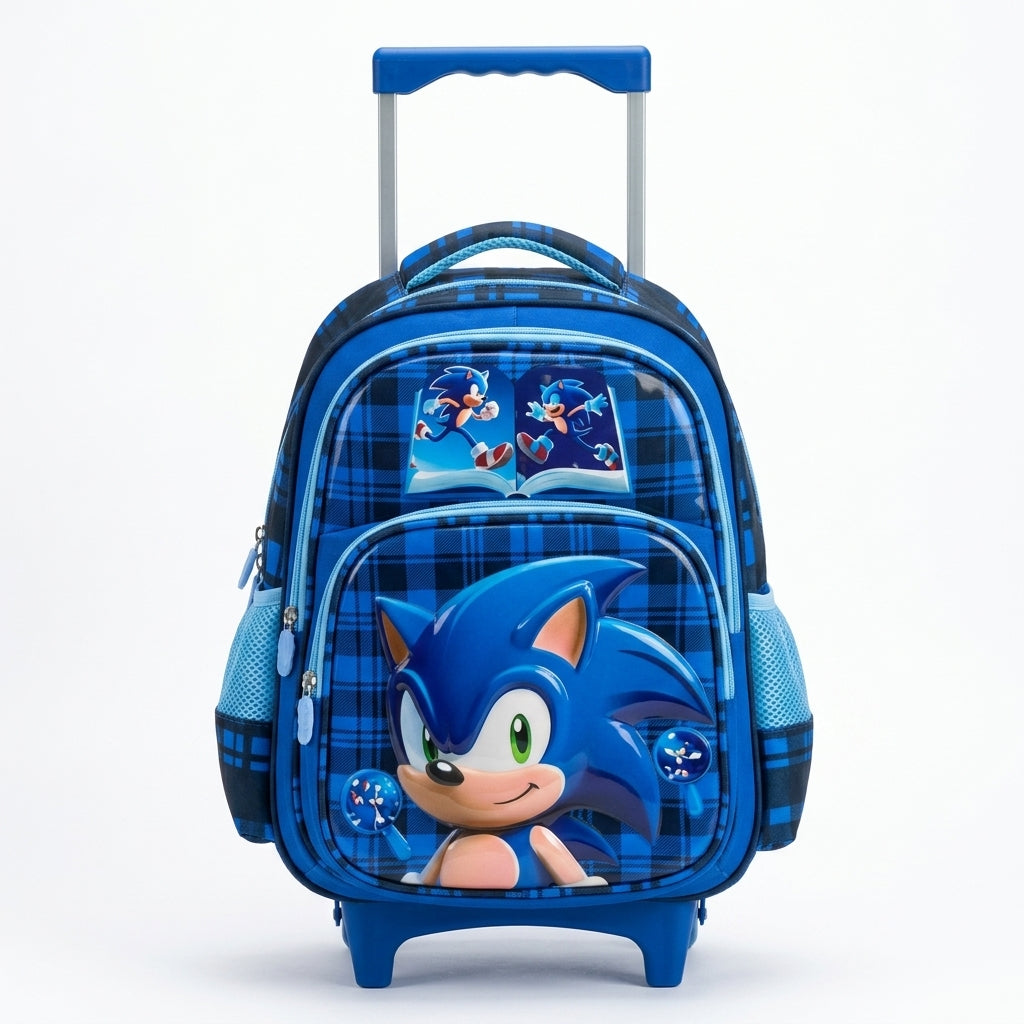 Cartable Trolley Sonic Écossais Bleu – Set avec Trousse Assortie