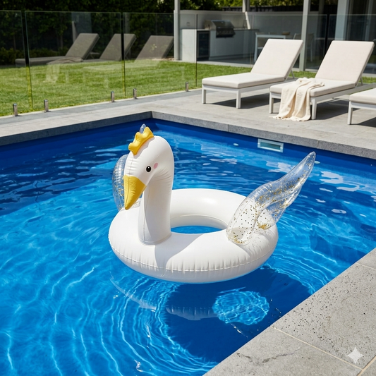 Bouée Cygne Gonflable – Ailes Paillettes Dorées