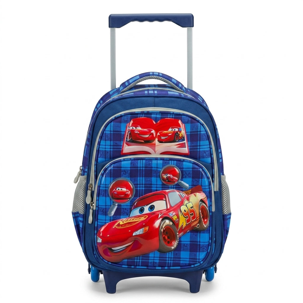 Cartable Trolley Cars Flash McQueen Écossais Bleu – Set avec Trousse Assortie