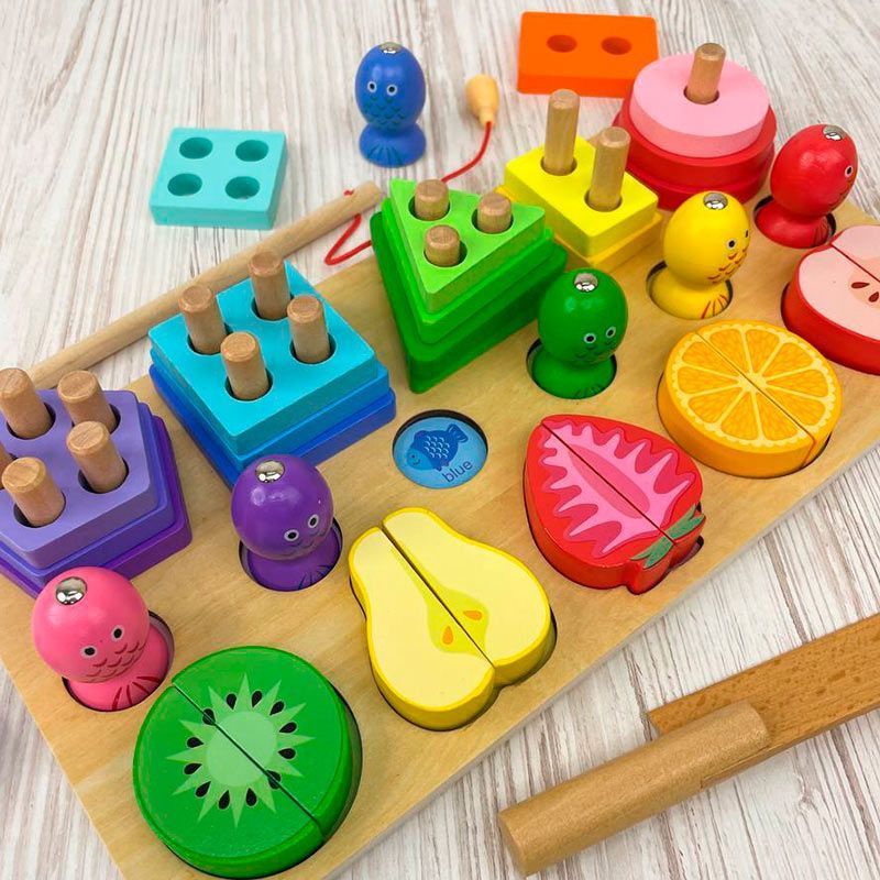 Jeu Éducatif en bois 3 en 1 – Tri des formes et fruits à découper
