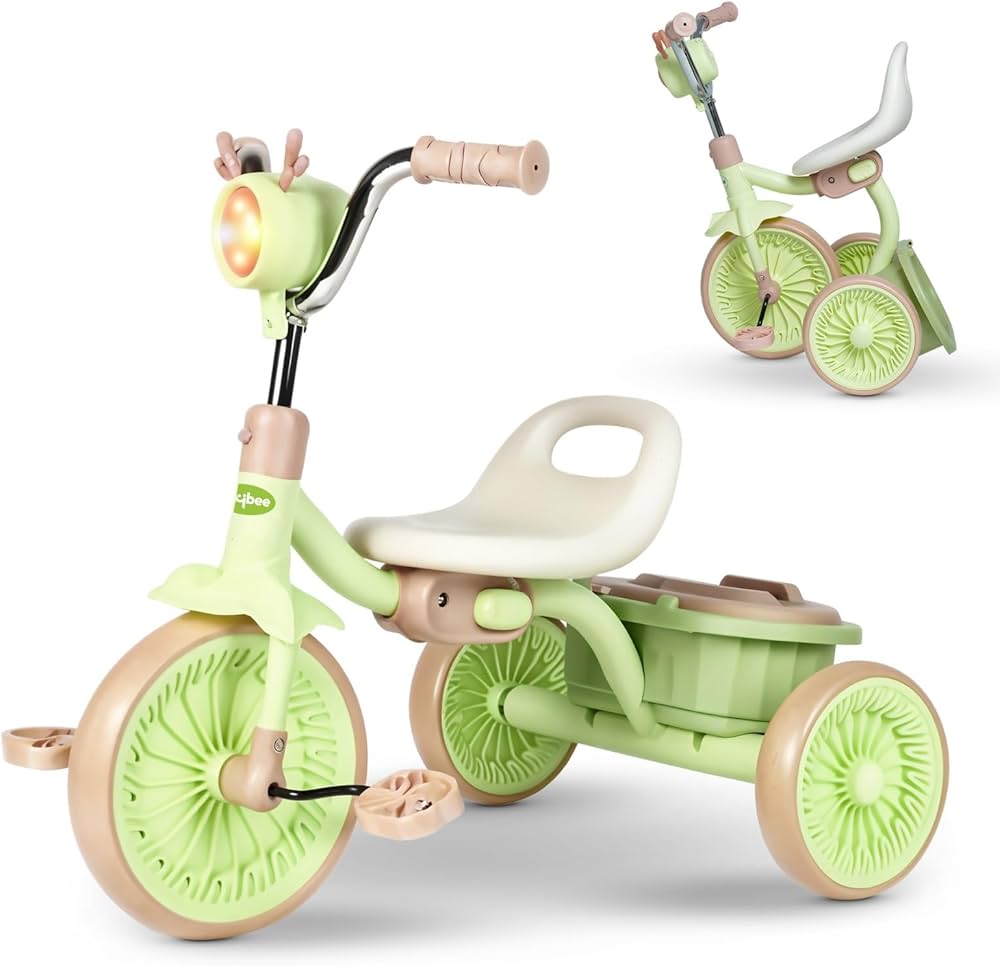 Tricycle Pliable avec Lumière et Coffre de Rangement - Vert