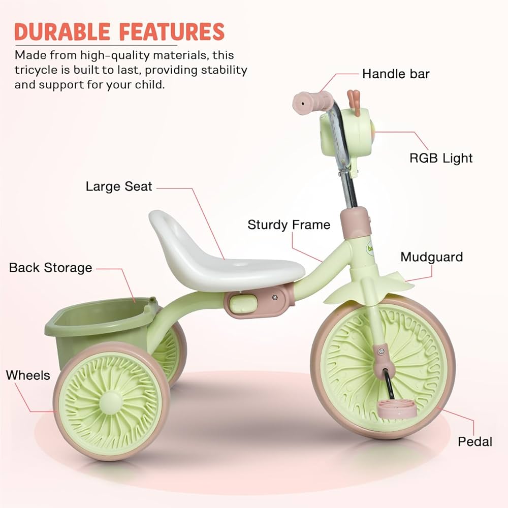 Tricycle Pliable avec Lumière et Coffre de Rangement - Vert