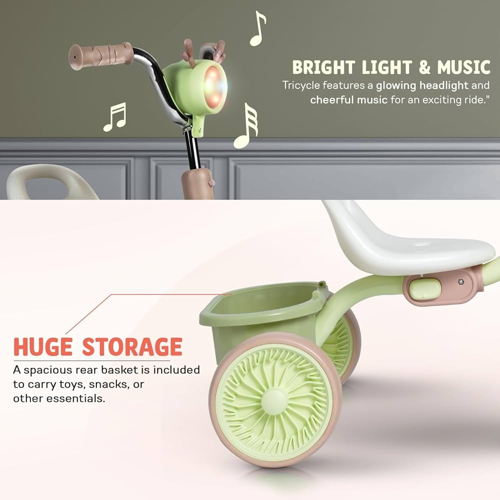 Tricycle Pliable avec Lumière et Coffre de Rangement - Vert