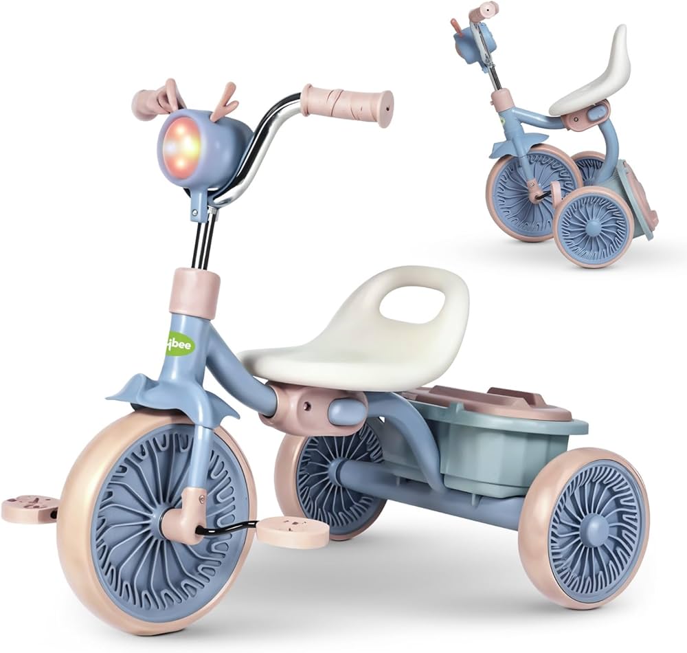 Tricycle Pliable avec Lumière et Coffre de Rangement - Bleu