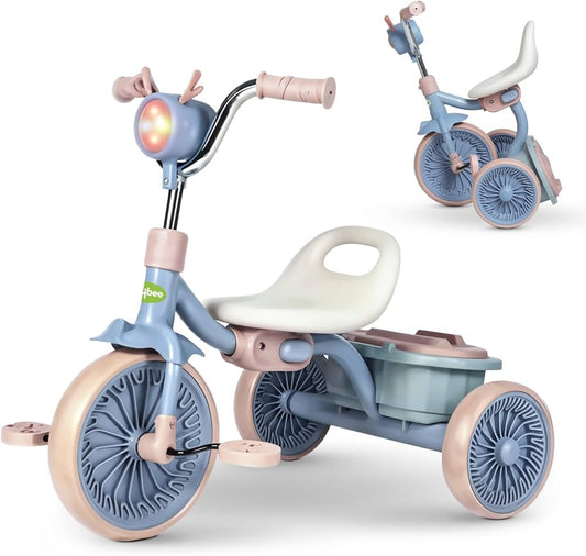 Tricycle Pliable avec Lumière et Coffre de Rangement - Bleu