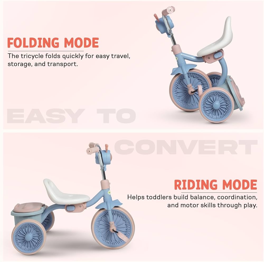 Tricycle Pliable avec Lumière et Coffre de Rangement - Bleu