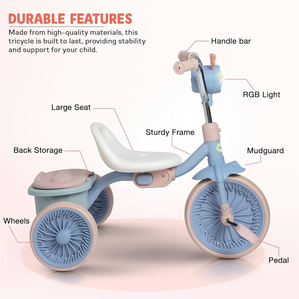Tricycle Pliable avec Lumière et Coffre de Rangement - Bleu