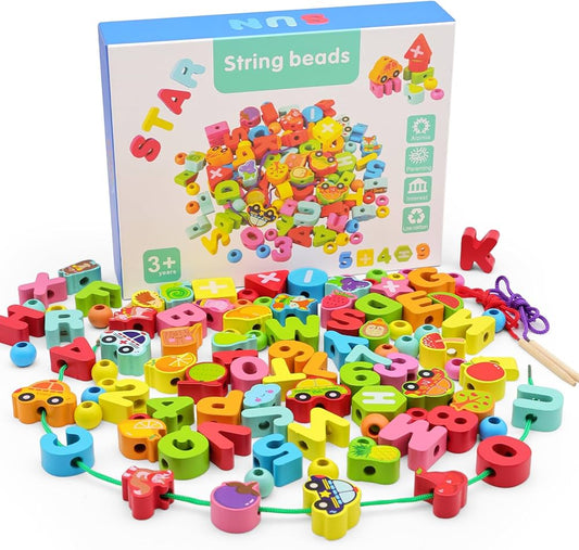 Perles d’Enfilage en Bois – 100 Blocs Éducatifs (Chiffres, Fruits, Véhicules)