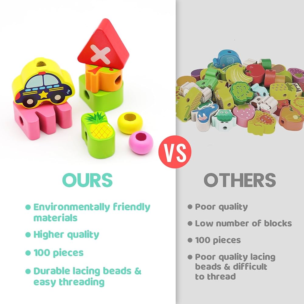 Perles d’Enfilage en Bois – 100 Blocs Éducatifs (Chiffres, Fruits, Véhicules)