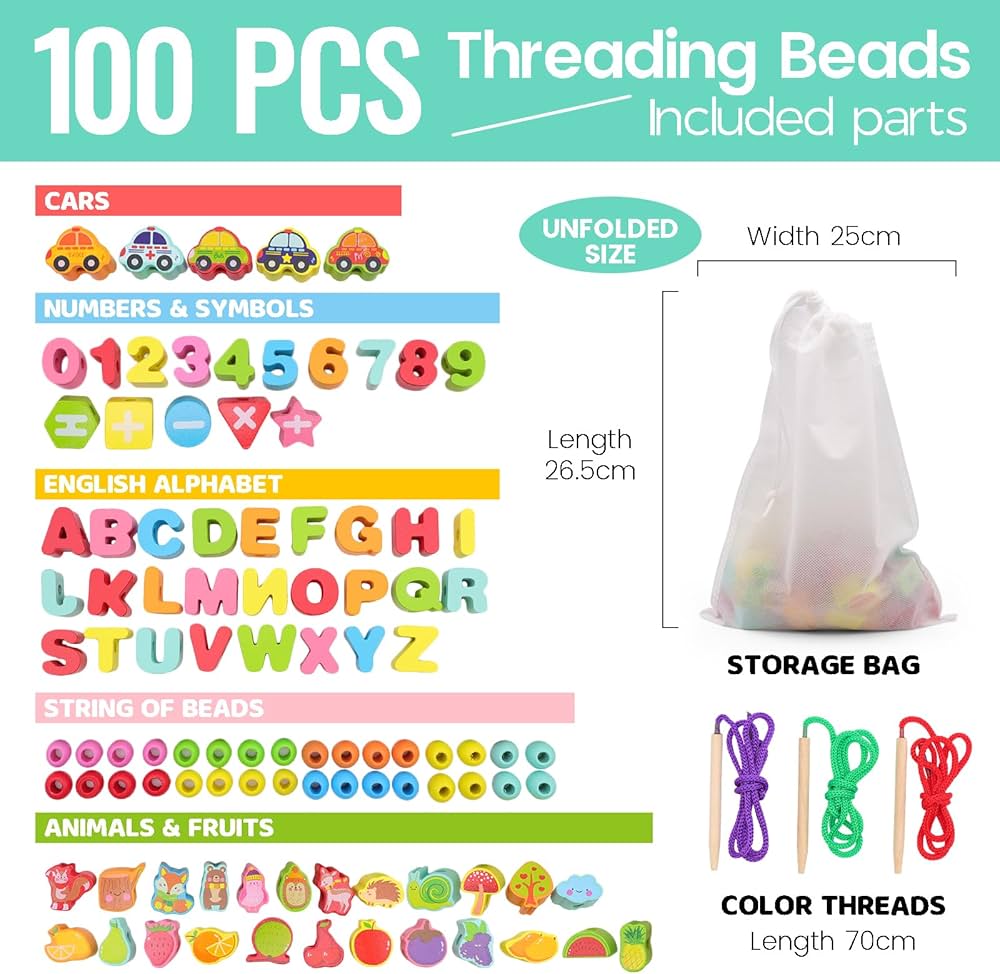 Perles d’Enfilage en Bois – 100 Blocs Éducatifs (Chiffres, Fruits, Véhicules)