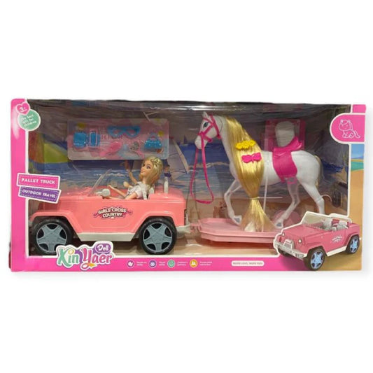 Ensemble Poupées, Cheval et Voiture avec Remorque