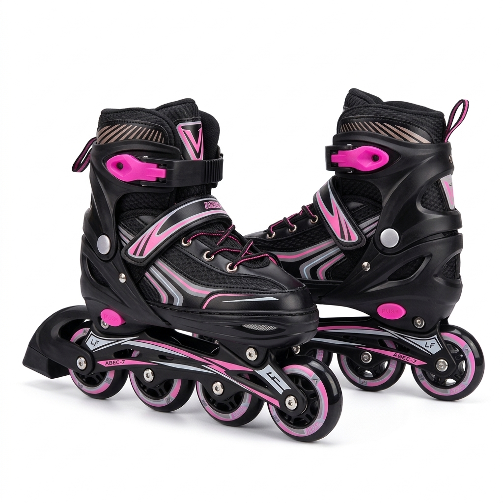 Rollers Évolutifs Noir avec détails en Rose + Kit de Protection Complet