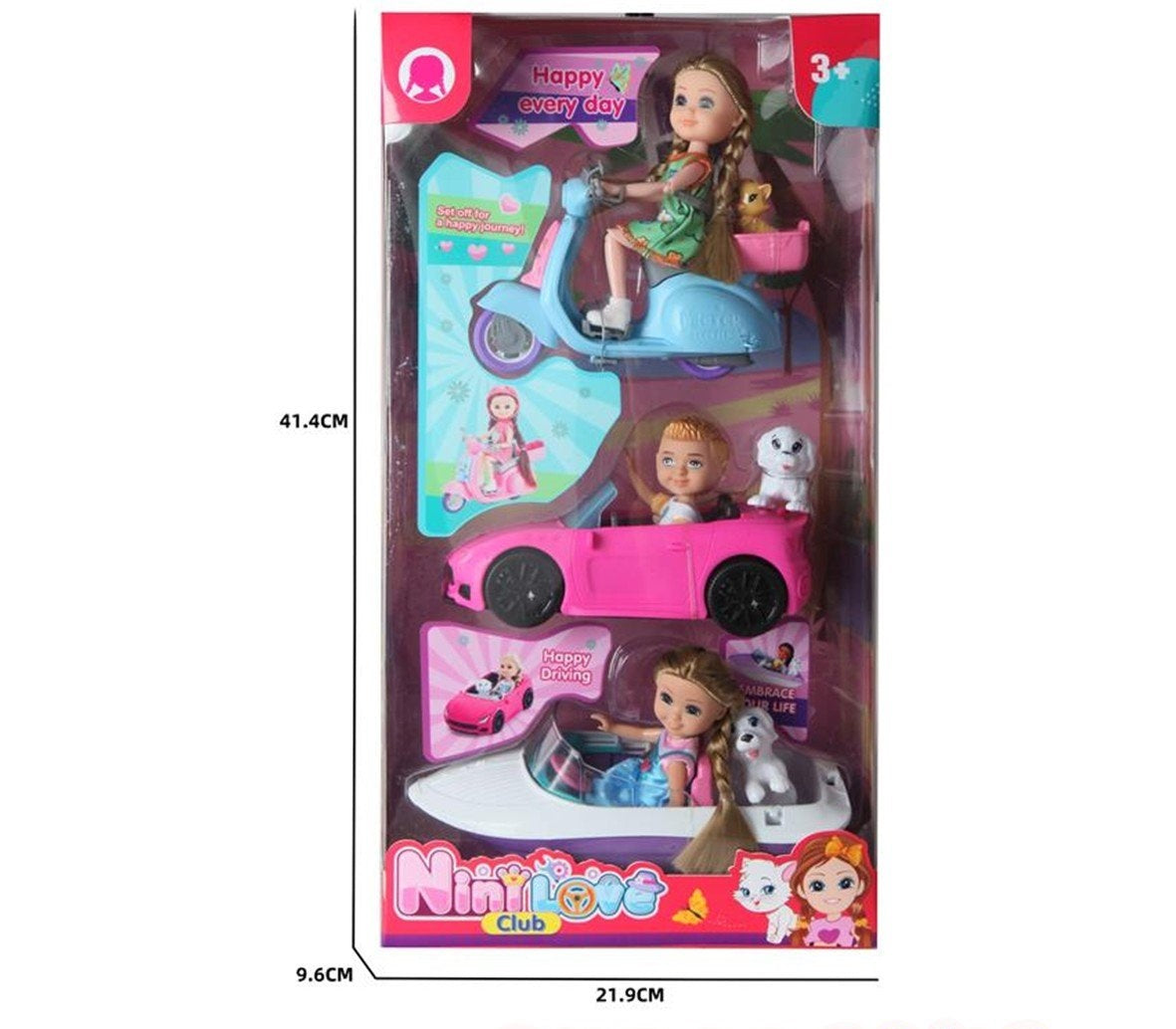 Set de 3 Poupées avec Voiture, Moto et Bateau