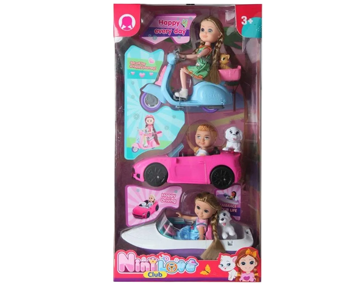 Set de 3 Poupées avec Voiture, Moto et Bateau