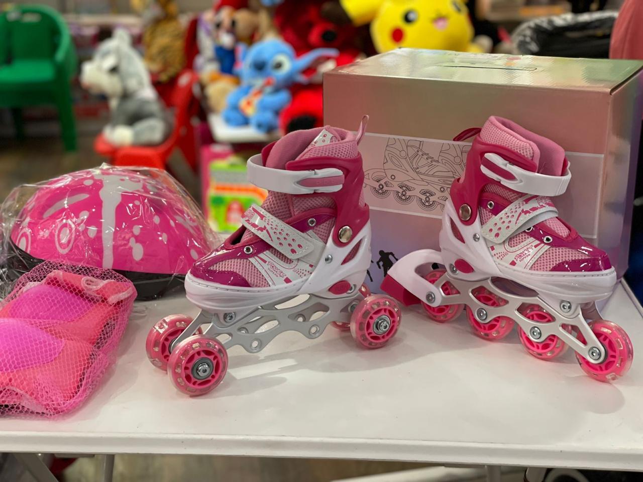 Patins à roulettes 2 en 1 – Roues interchangeables (2 ou 4 roues) – Rose – Avec casque et protections