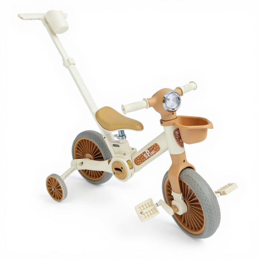 Tricycle Évolutif pour Enfant avec Canne Parentale et Panier – Beige