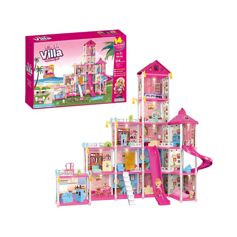 Maison de Poupée Château de Princesse Rose avec Lumières – Villa de Luxe (314 Pièces)