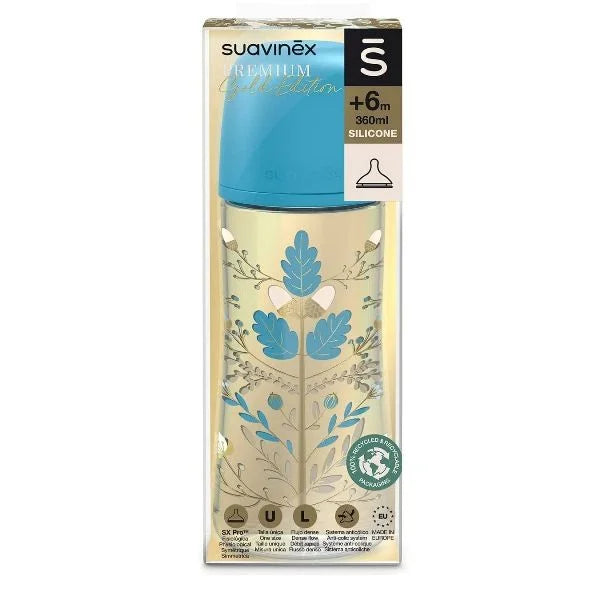 Biberon Premium Gold Tétine SX Pro 360ml Bleu – Suavinex – +6 mois