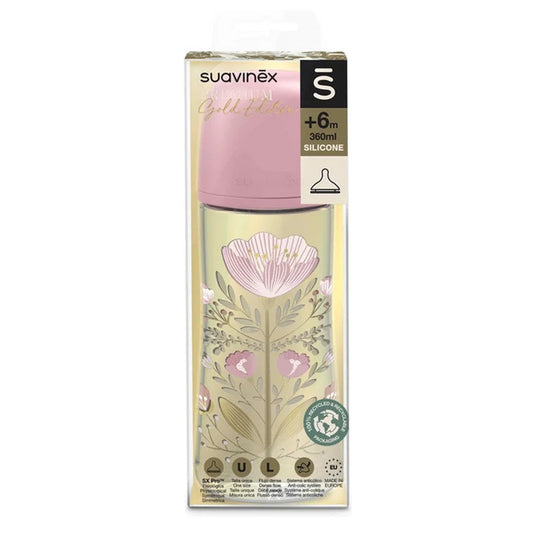 Biberon Premium Gold Tétine SX Pro 360ml Rose – Suavinex – +6 mois