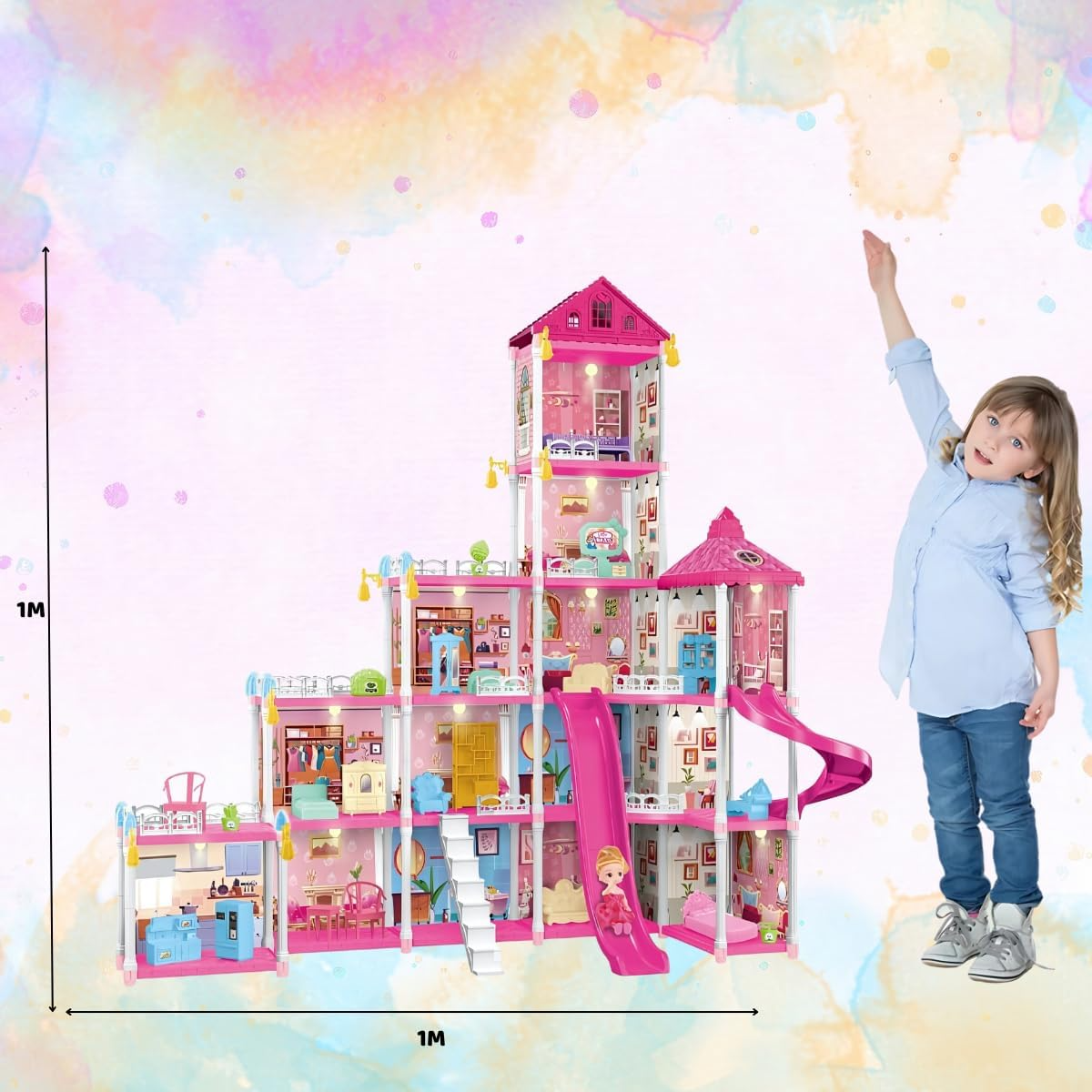 Maison de Poupée Château de Princesse Rose avec Lumières – Villa de Luxe (314 Pièces)