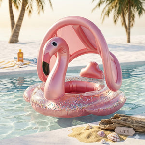 Bouée Siège Bébé Flamant Rose avec Auvent et Paillettes – 6M+