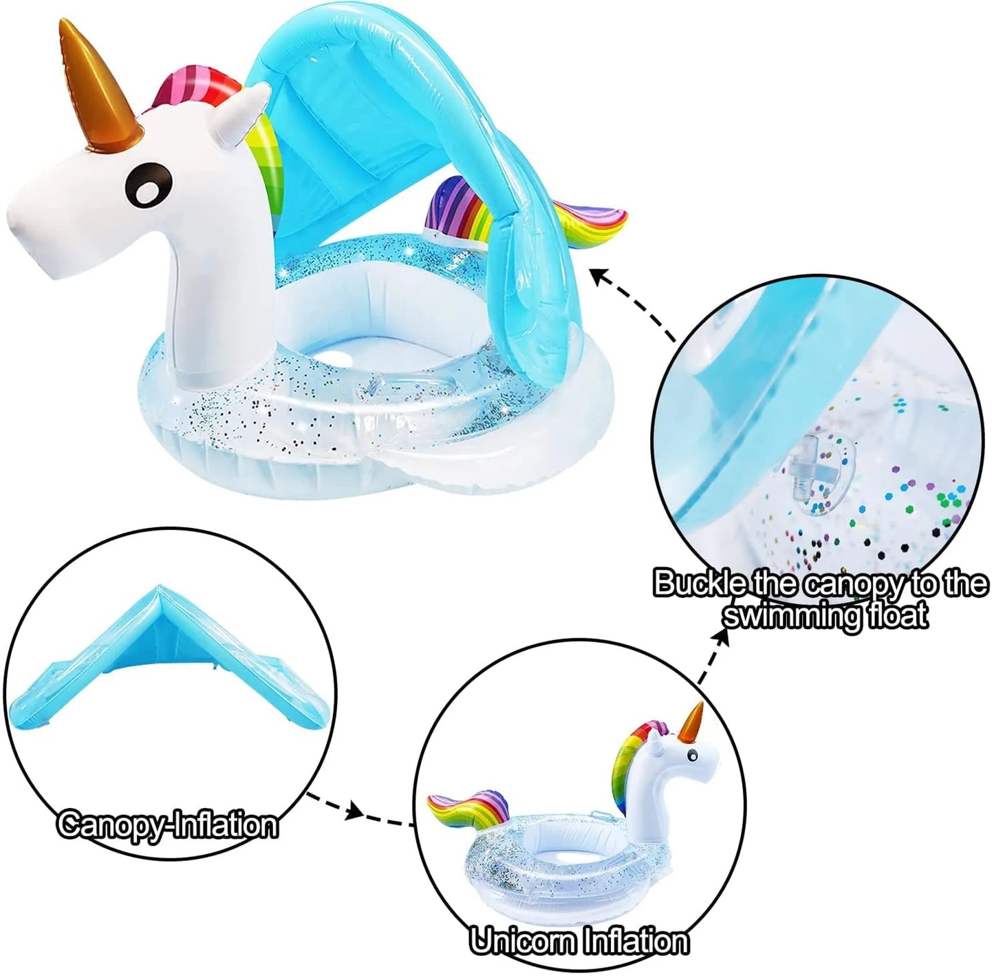 Bouée Siège Bébé Licorne avec Auvent et Paillettes – 8M+