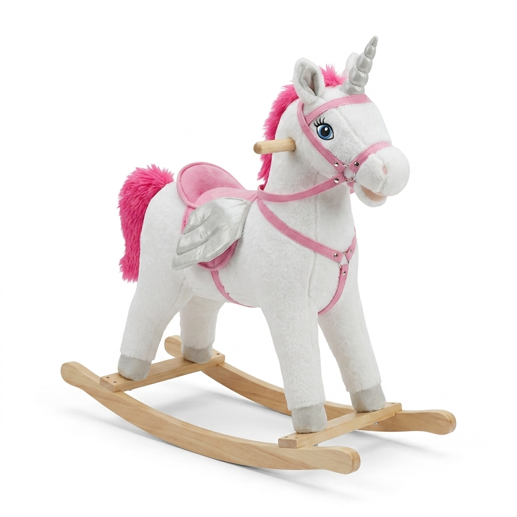 Licorne à bascule en peluche - Blanche, crinière rose et ailes argentées