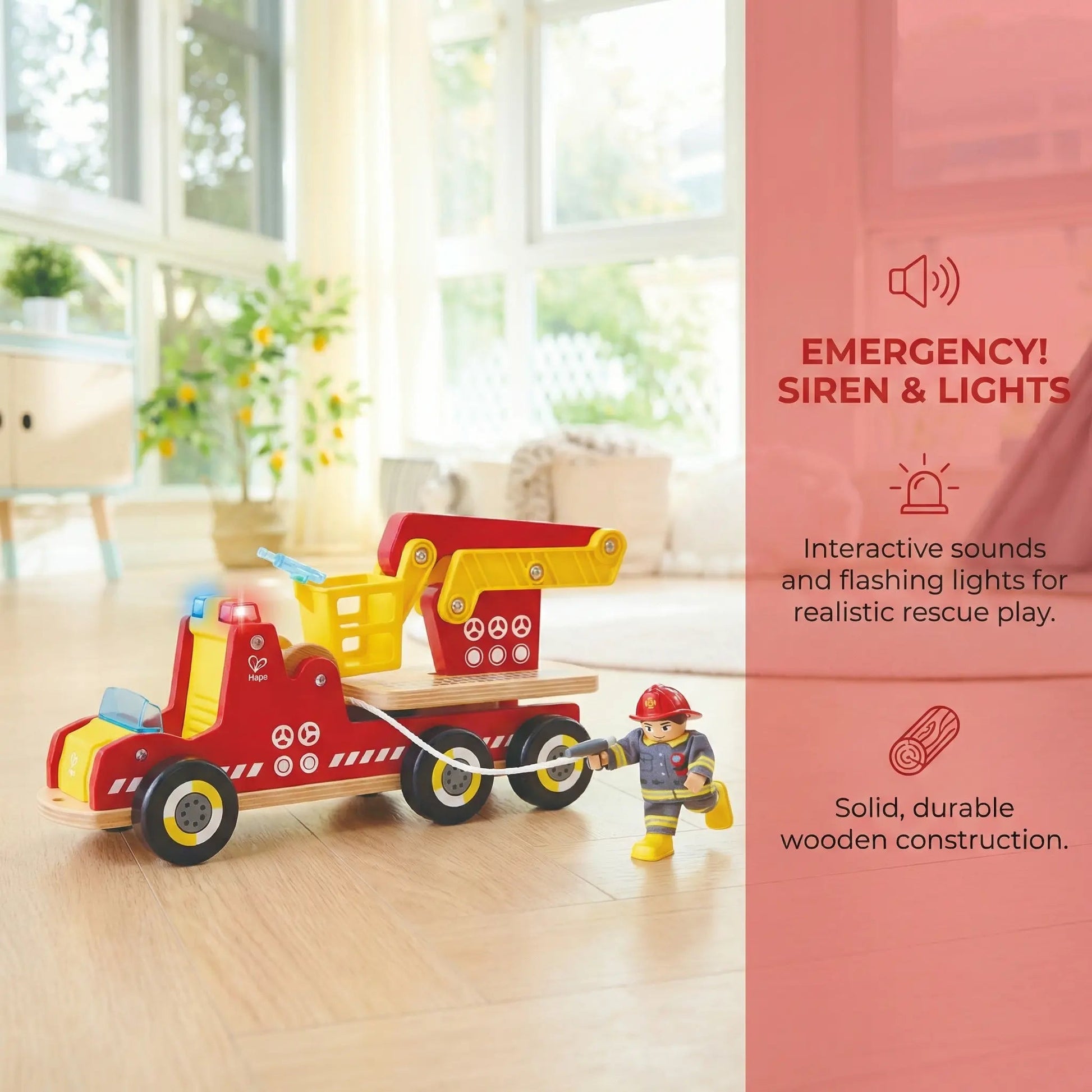 Camion de Pompiers en Bois Hape avec Sirène et Lumières