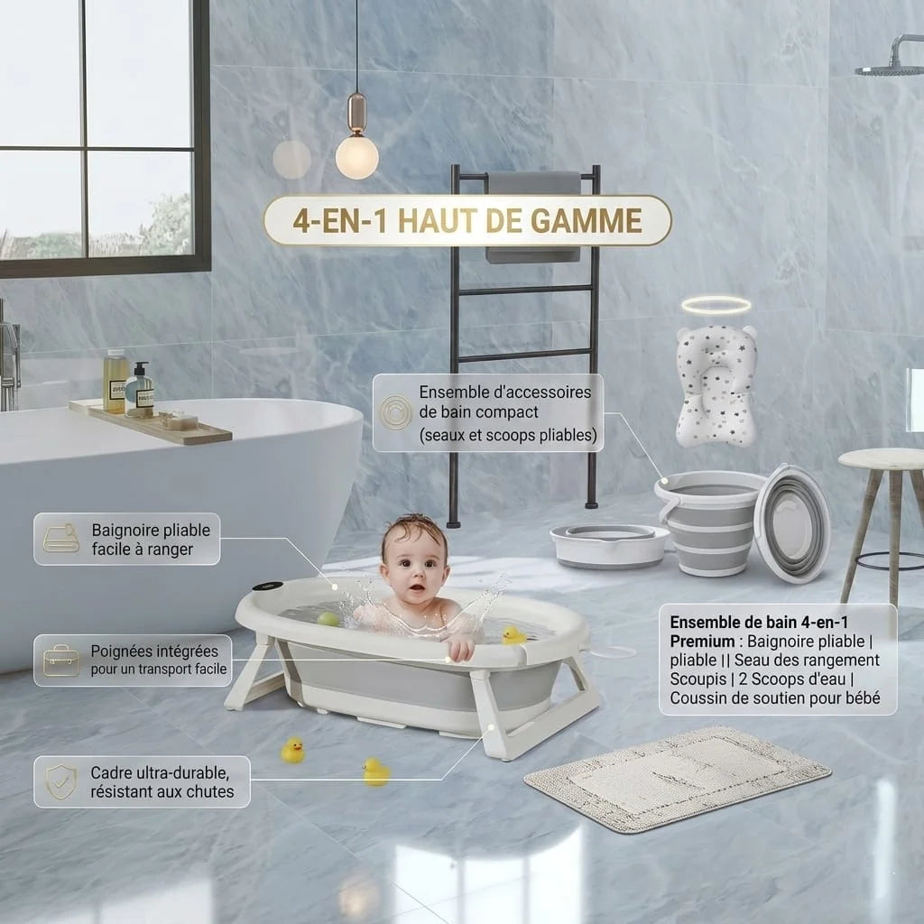 Kit Baignoire Pliable et Portable 4 en 1 avec Thermomètre Intégré