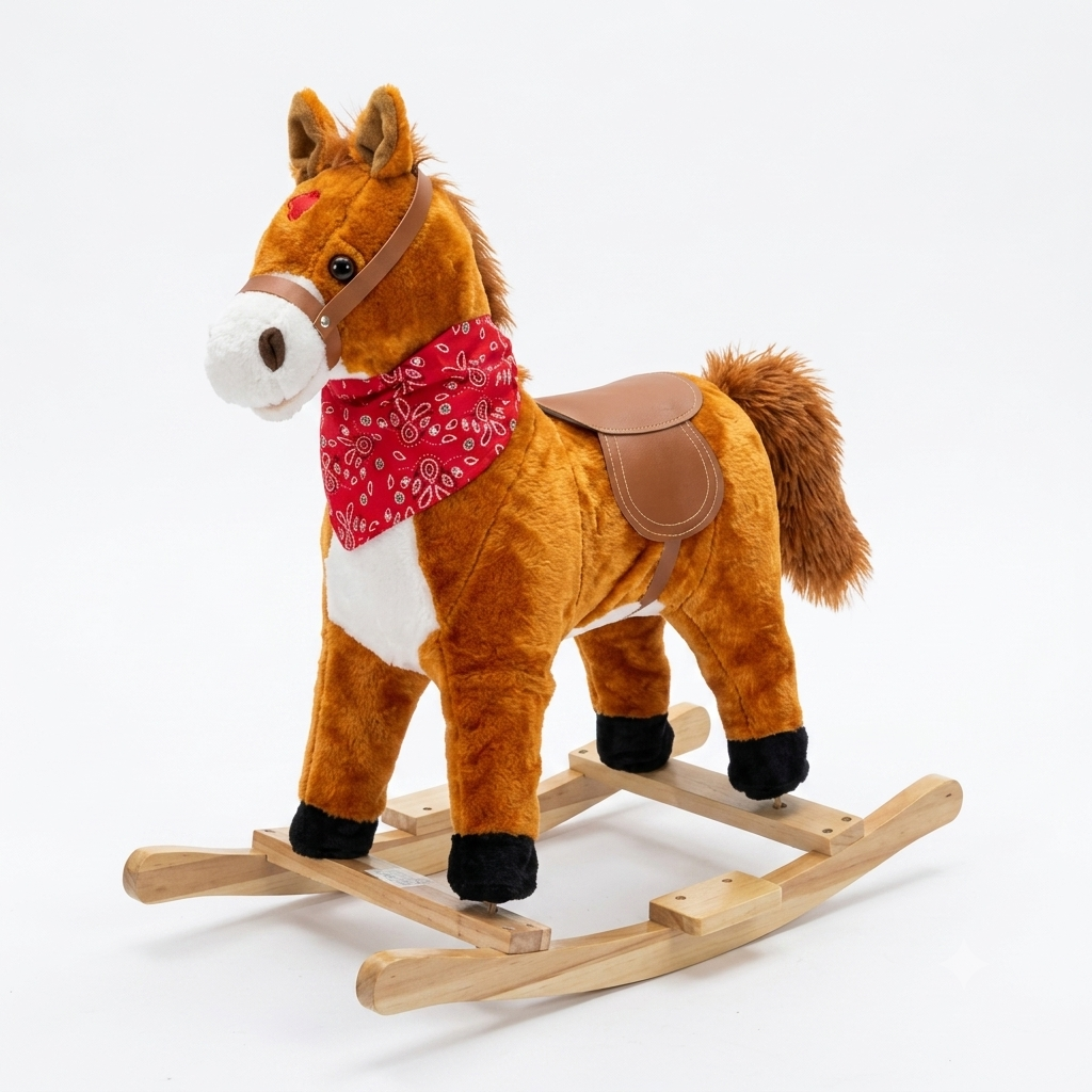 Petit cheval à bascule en peluche - Orange, format compact