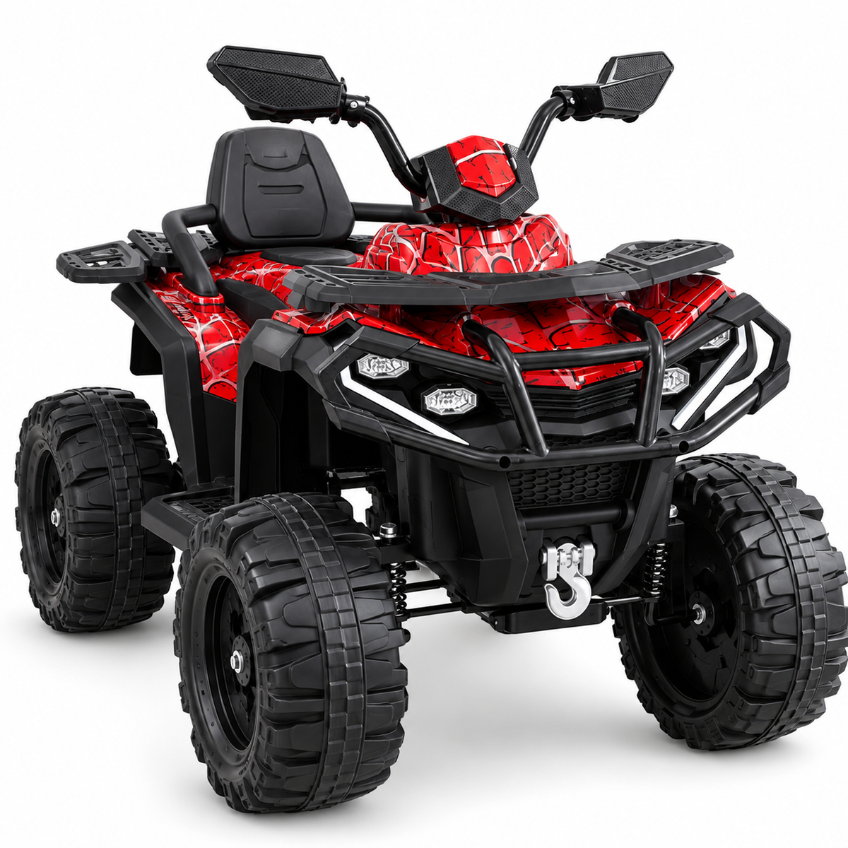 Quad Électrique Enfant 12V 4x4 – Motif Toile d'Araignée Rouge, 5 Moteurs, Bluetooth et Télécommande 2,4 GHz