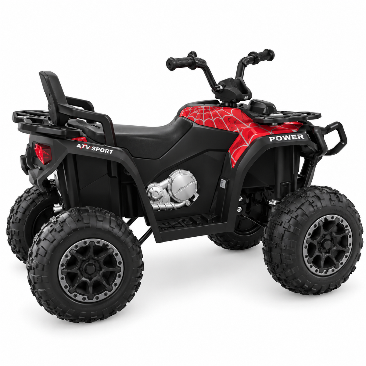 Quad Électrique Enfant 12V 4x4 – Motif Toile d'Araignée Rouge, 5 Moteurs, Bluetooth et Télécommande 2,4 GHz