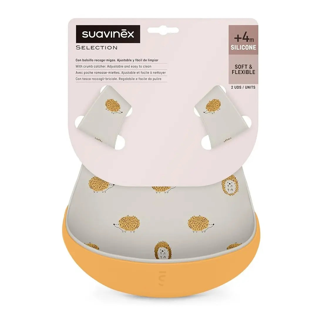 Suavinex Lot de 2 Bavoirs Silicone Imperméables et Ajustables avec Poche 4m+ Jaune