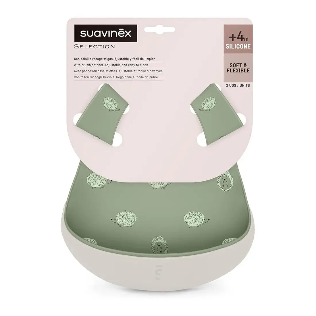 Suavinex Lot de 2 Bavoirs Silicone Imperméables et Ajustables avec Poche 4m+ Vert