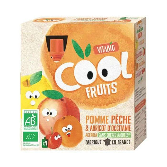 Vitabio Cool Fruits Pomme, Pêche, Abricot, Acérola – Boîte de 4 Gourdes