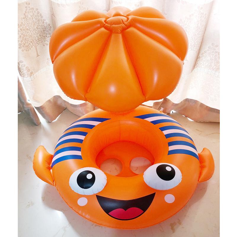 Bouée Siège Bébé avec Auvent Anti-Soleil – 3D Flétan Cartoon - Orange